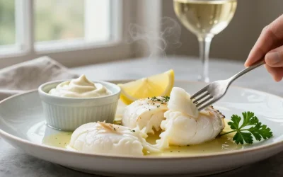 Cabillaud poché au court-bouillon et mayonnaise pour une chair fondante